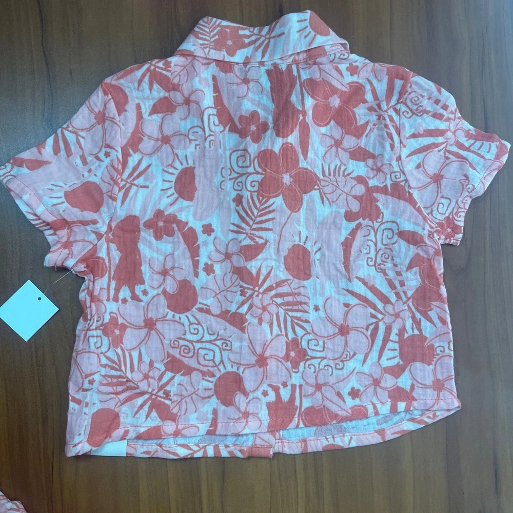 Disney Moana 2 Girls Small Peach Tropical Floral Cotton Gauze Shirt Shorts Set S